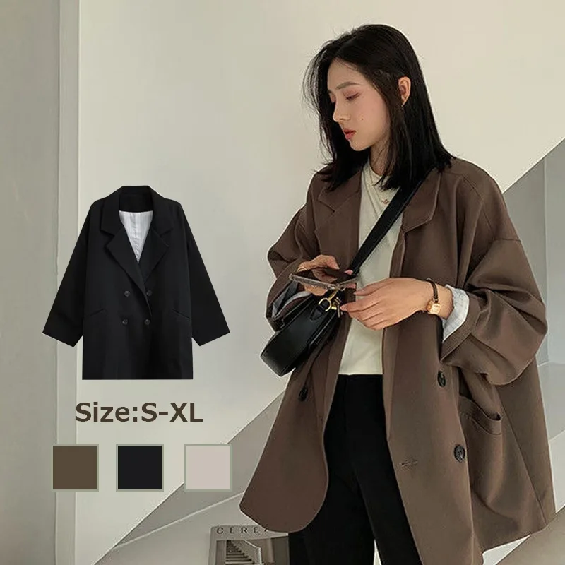 Women Tailored Coat Jacket Lapel Button Pocket Long Sleeve Double Breasted Loose Blazer Office Y2k Casual 2025 Spring Autumn