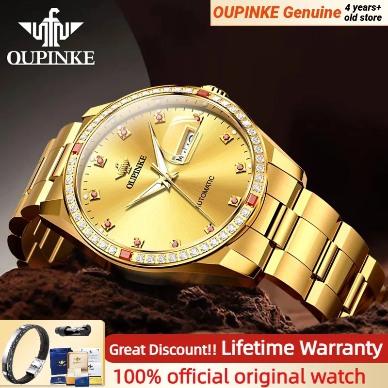 OUPINKE 3261 Original Men's Watch Imported Automatic Movement Luxury Mechanical Watch for Men Ruby Full Diamond Dial Watches