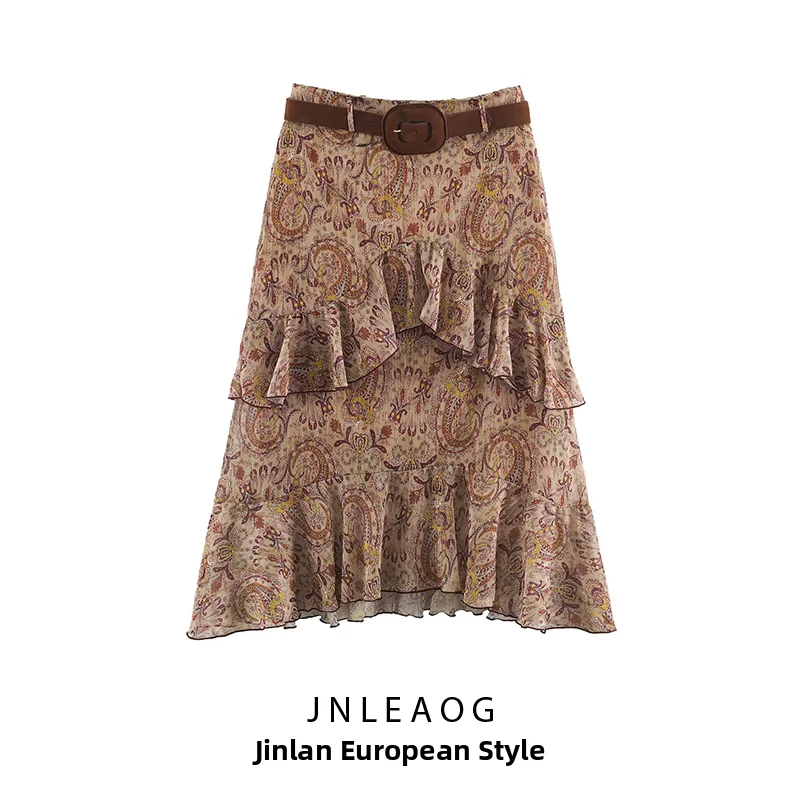 JNLEAOG Autumn New Women's Fashion Print Layered Decorative Skirt High Waist Irregular Polyester Ladies' Premium Half Skirt