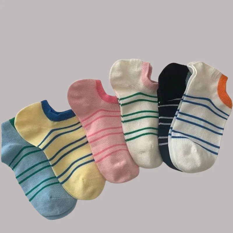 

6/12 Pairs Mouth Boat Socks Striped Invisible Socks Shallow Mouth Women's Low Cut Socks Summer Striped Color Matching Socks