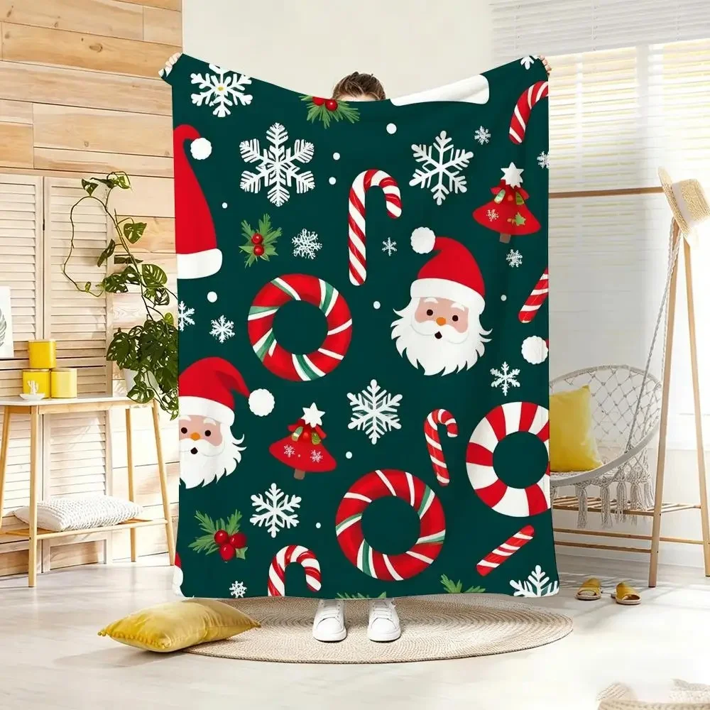 Xmas Holiday Santa Snowflake Candy Cane Flannel Throw Blanket Christmas Cartoon Multi‑Pattern Design Cozy Soft Lightweight Blanket for Bedroom Sofa Living Room Home Decoration