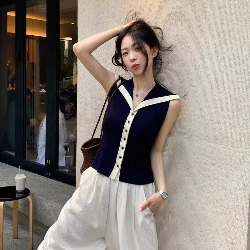 Women Knitted Vest Korean Fashion Style Ice Silk Summer Spring Pullover Tee Sleeveless Slim Fit Polo Neck Comfortable T-shirt