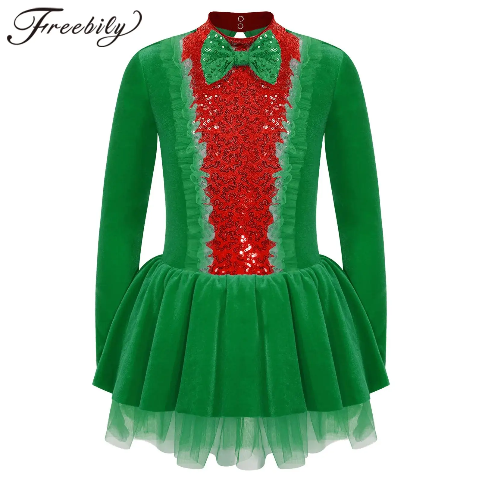 

Kids Girls Christmas Dance Tutu Dress Long Sleeve Sequin Velvet Skating Dress Xmas Cosplay Party Costume Performance Dancewear