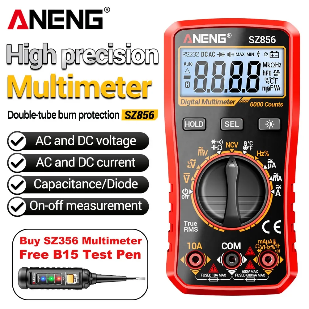 ANENG SZ856 Digital Multimeter 6000 Counts Anti-burn Voltmeter Ammeter Ohmmeter NCV Free B15 Voltage Tester Pen Electrician Tool