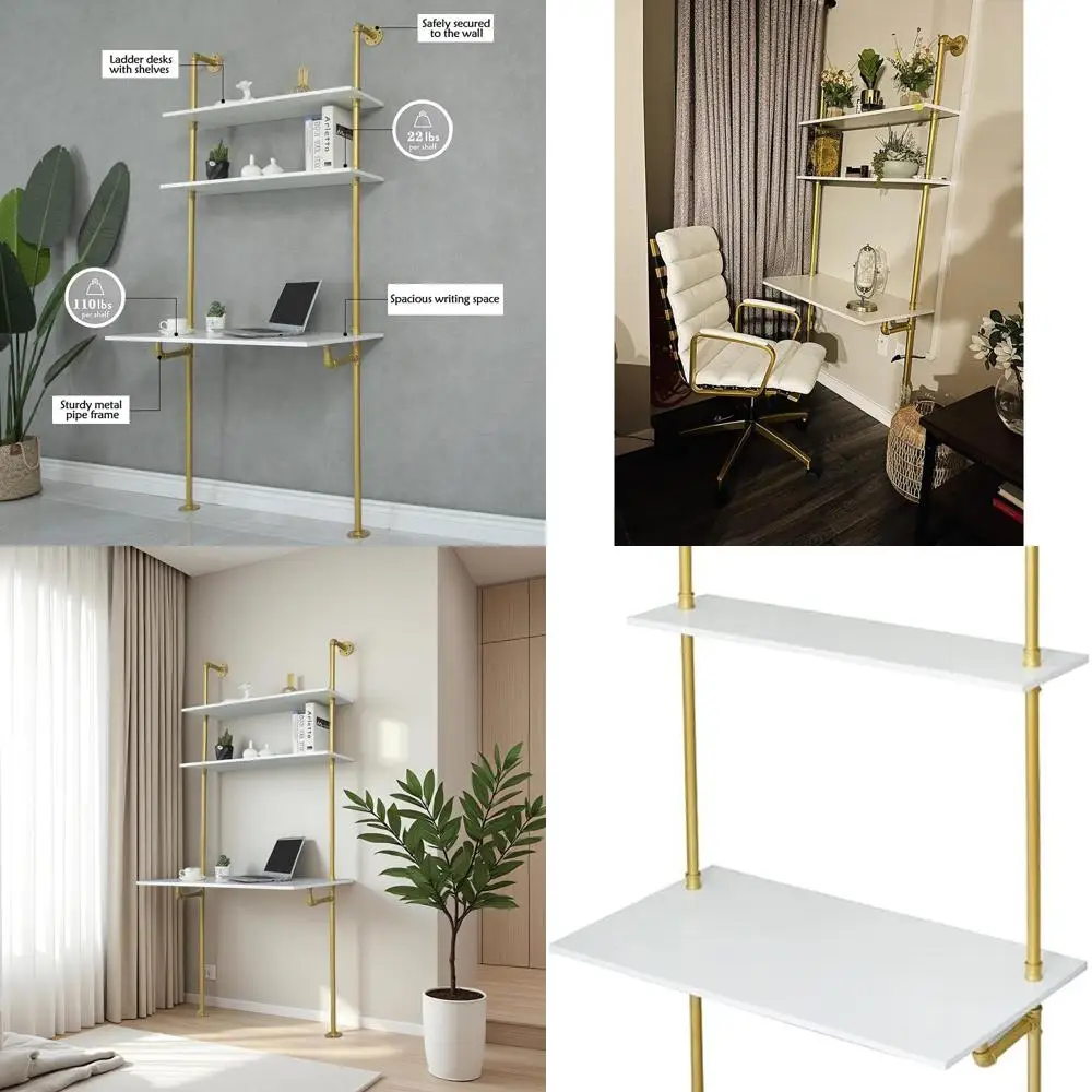 مكتب كمبيوتر مدمج حديث 36 سلم أبيض وذهبي مع أرفف مثبتة على الحائط للمساحات الصغيرة #1