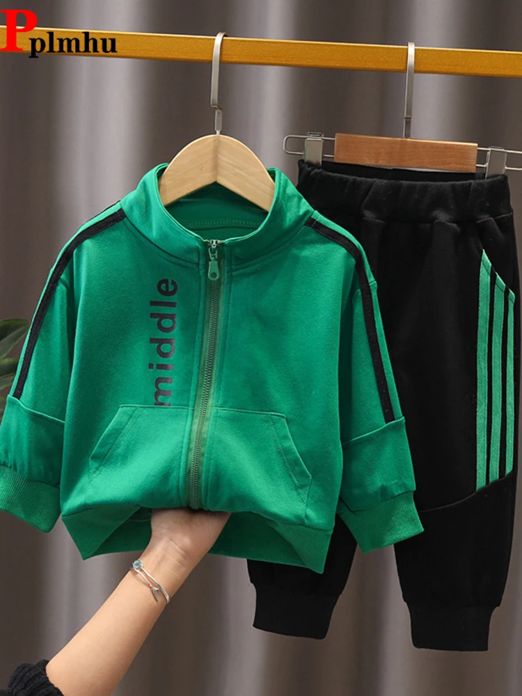 Autumn Boys Tracksuit Outfit Stripe Design Zipper Jackets And Elastic Waist Sweatpants Conjuntos Fashion Children 2 Piece Sets