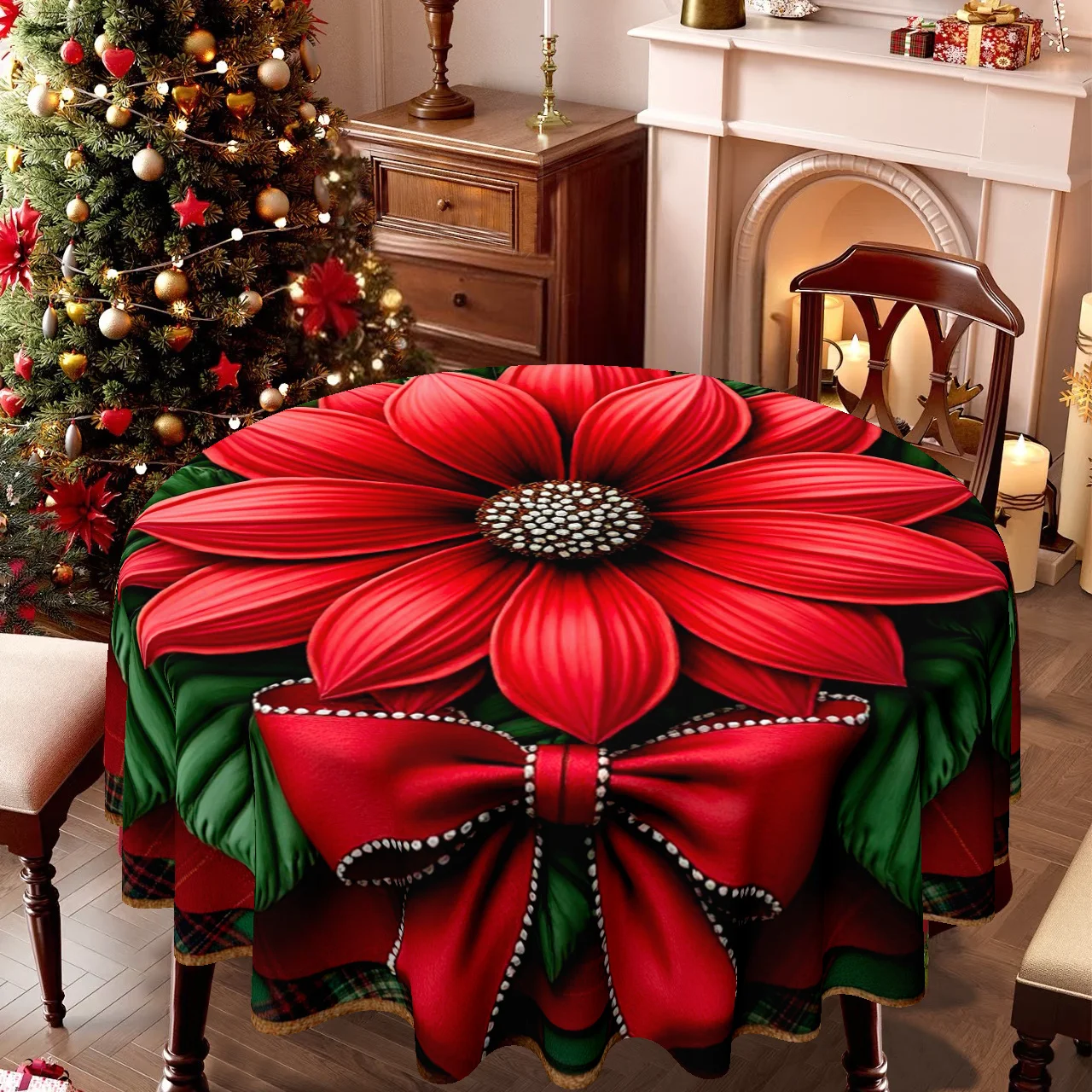 1 piece, round tablecloth, Christmas flowering plant theme