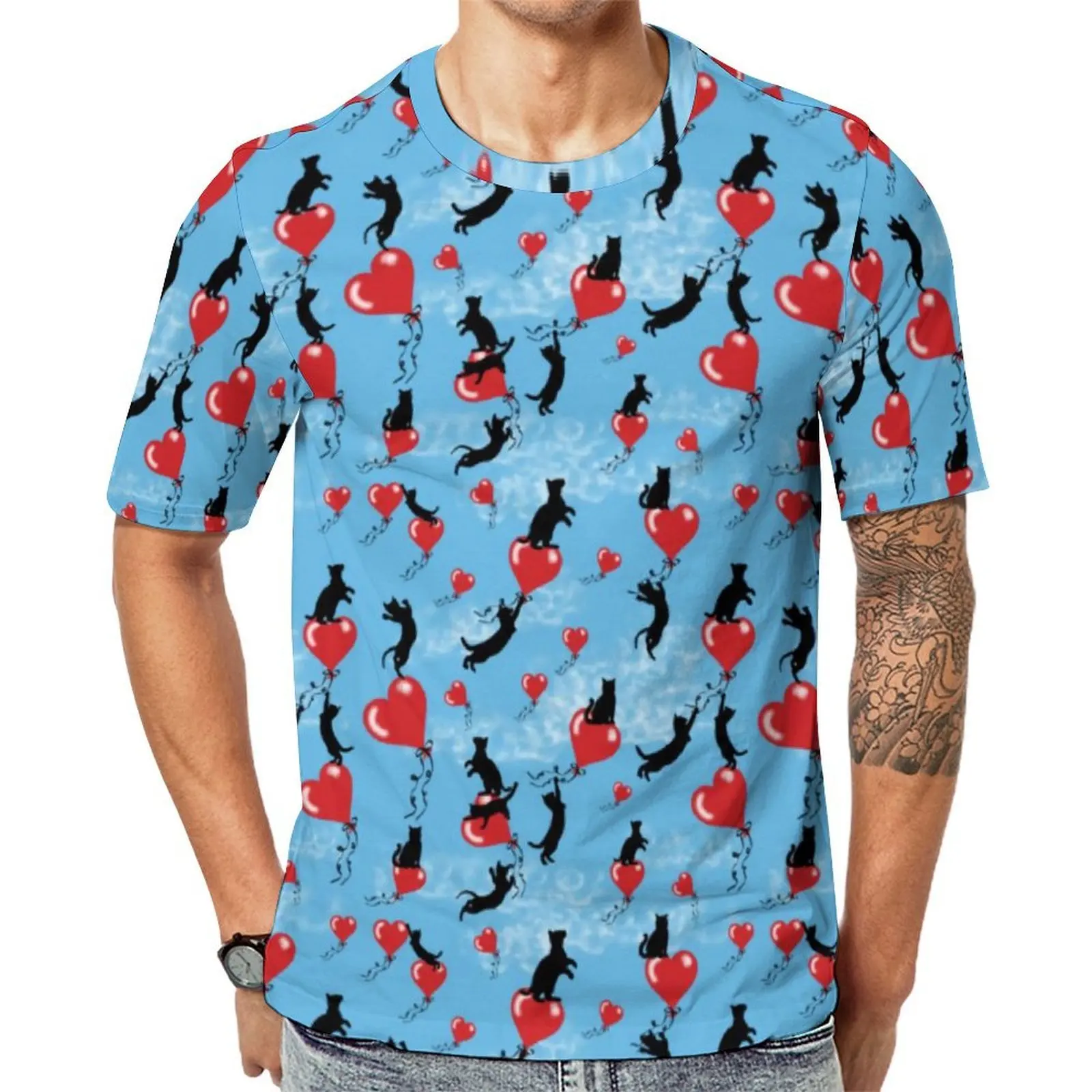 Flying Red Balloon T-Shirt For Men Black Cat Design O Neck T-Shirts Summer Novelty Tops Short Sleeve Oversized Tee Shirt Gift