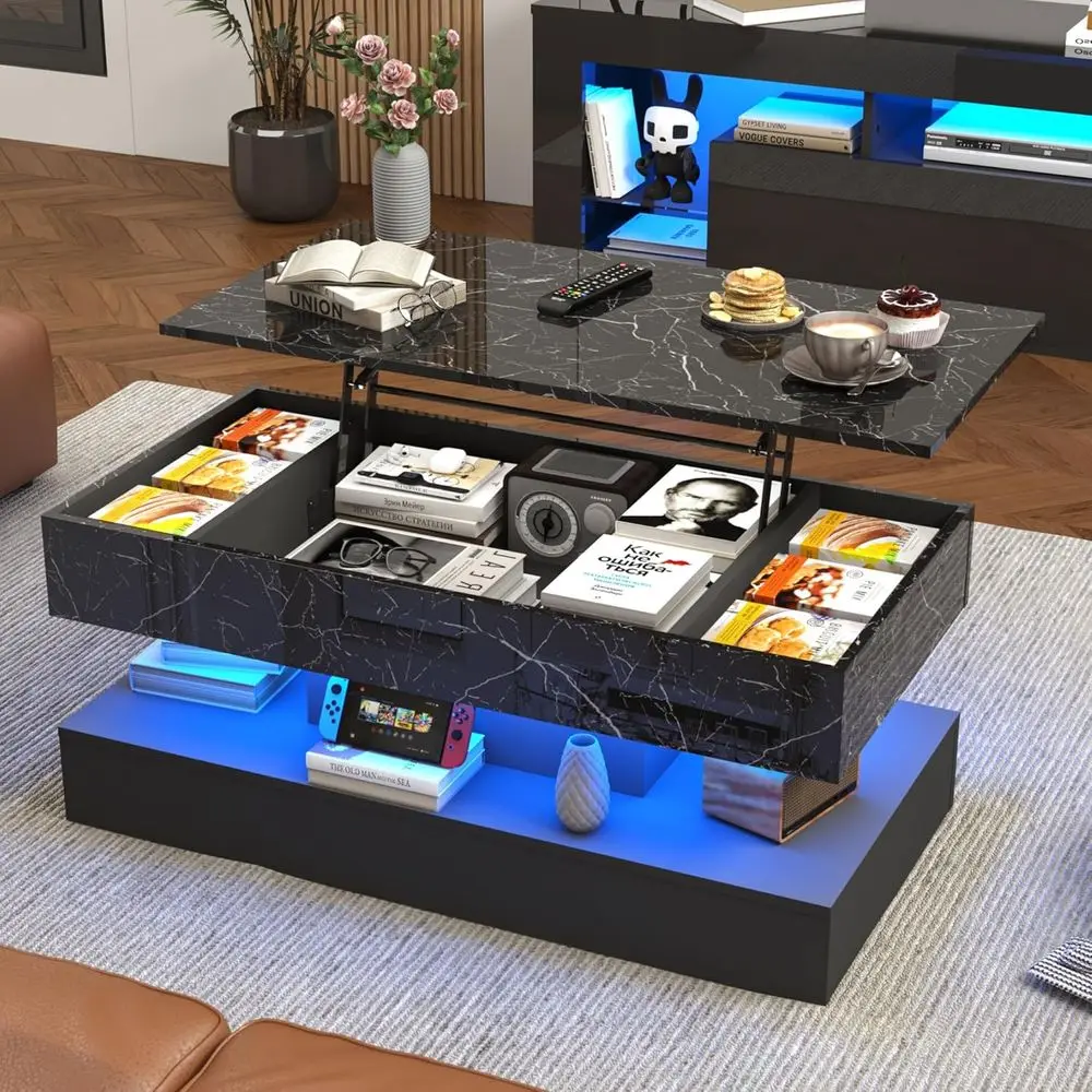

Большой журнальный столик с LED-подсветкой и зарядной станцией, глянцевое черное покрытие, с местом для хранения, для гостиной/домашнего офиса