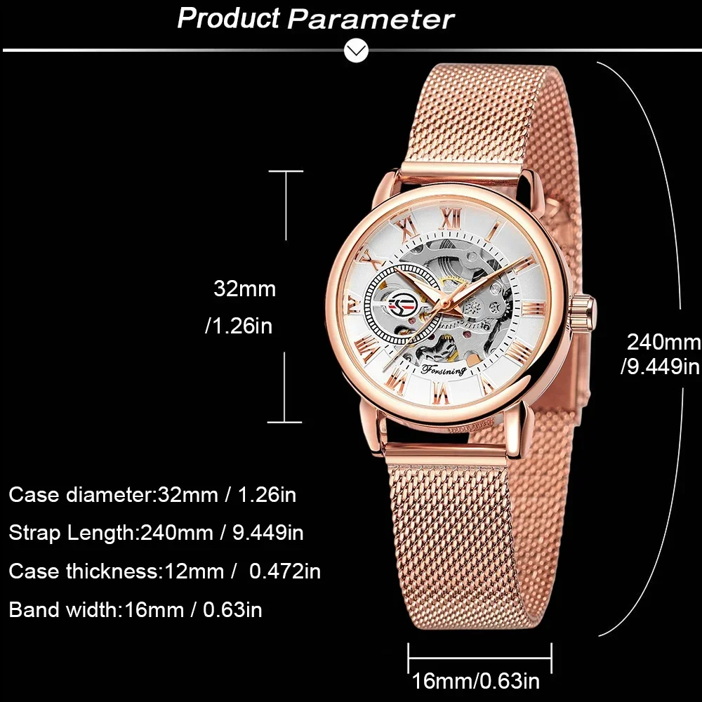ساعات نسائية كلاسيكية أنيقة من FORSINING ساعات يد ميكانيكية ذات هيكل عظمي وأرقام رومانية وحزام شبكي ماركة فاخرة