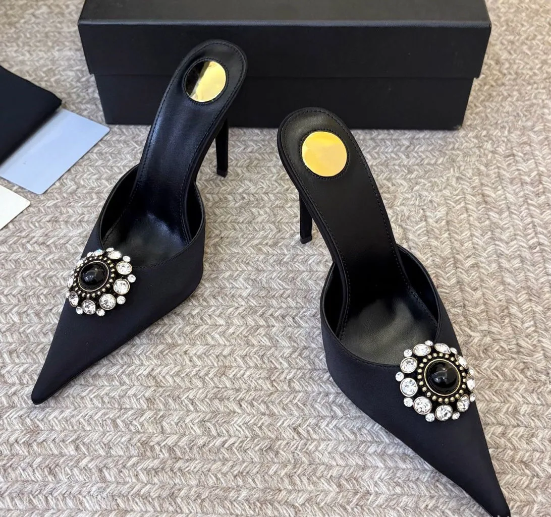 Women's New Satin Pointed Toe Toe Water Diamond High Heels Slippers Party Wedding High Heels Women's Sandals