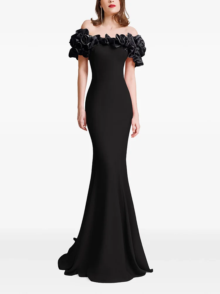 Elegant Black Off Shoulder Evening Dress for Women 3D Flower Mermaid Formal Prom Gown