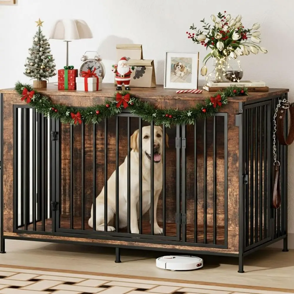 

Большой сверхмощный ящик для собак, деревянный торцевой столик в деревенском стиле 48 емкостью 350 фунтов, двухдверная подставка под телевизор для домашних животных