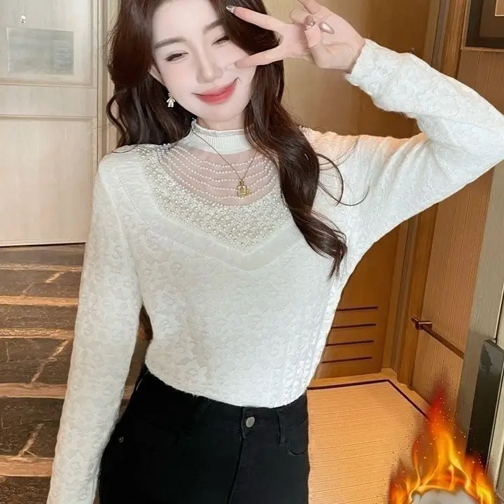 

Pure Desire Lace Base Shirt Lined Thickened Collar Commuter Top Women's Fashion Anti-Aging New Autumn Winter Style TT740