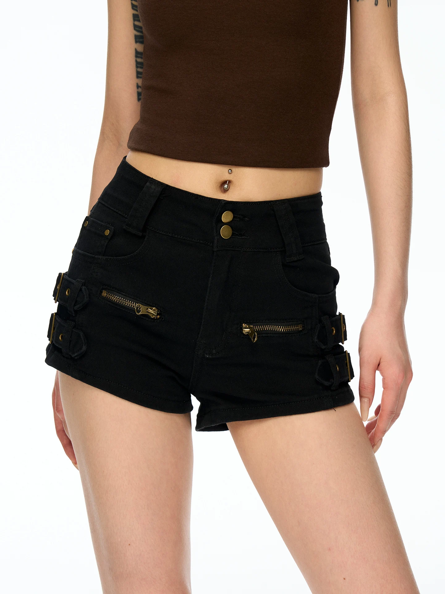 Aaisup Sexy Tight Denim Shorts for Women Summer 2026 Low Waist Cotton Zipper Closure Black Metal Buckle Hot Pants