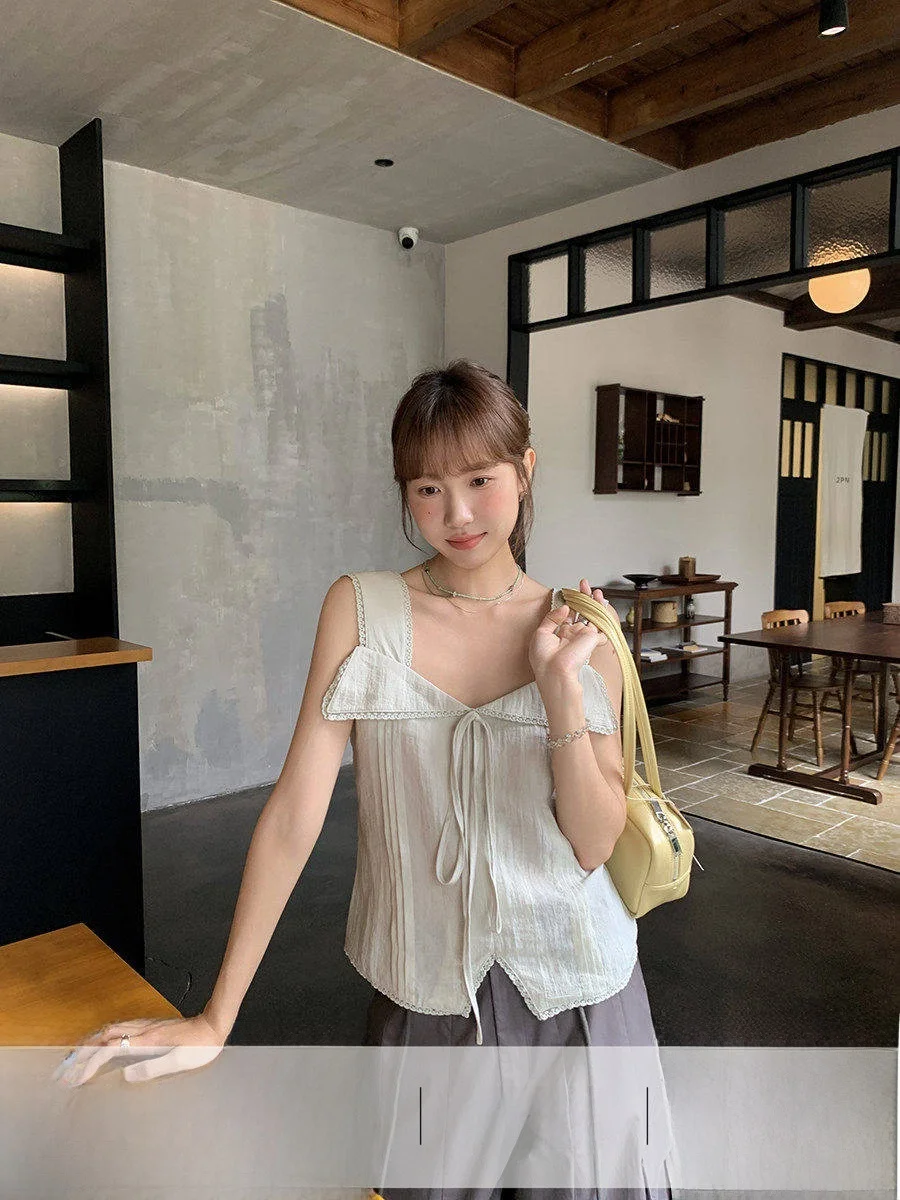 

Женский топ-майка Linyunyun с завязками на талии, милый, с низким вырезом, облегающий, для лета, повседневный, для работы и отдыха