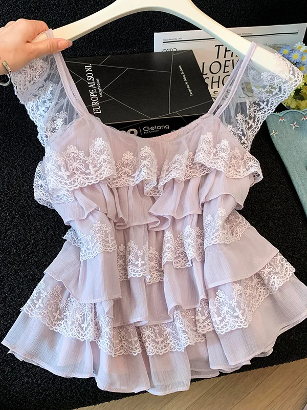 Elegant Lace Splice Bell Sleeve Strap Vest Women's Summer Outerwear Slimming Sleeveless Top Commute Style Polyester Fiber