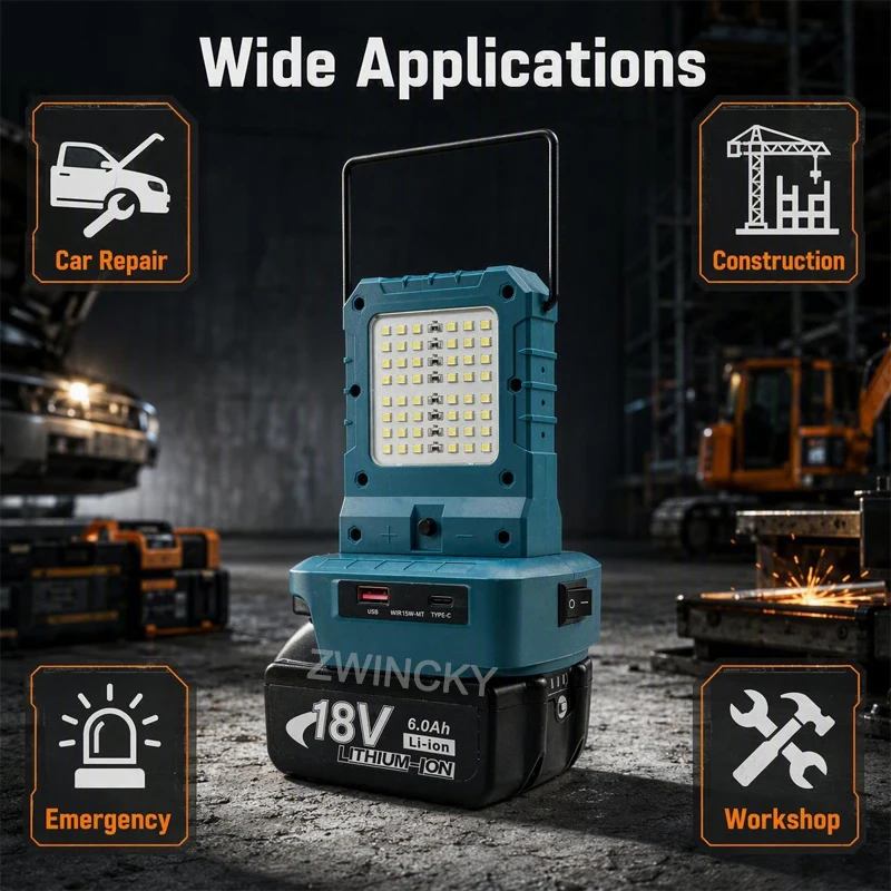 Portable Double Sided LED Light For Makita/Dewal/Milwaukee 18V Li-ion Battery Outdoor Lighting With Hook USB Type-C Output Port