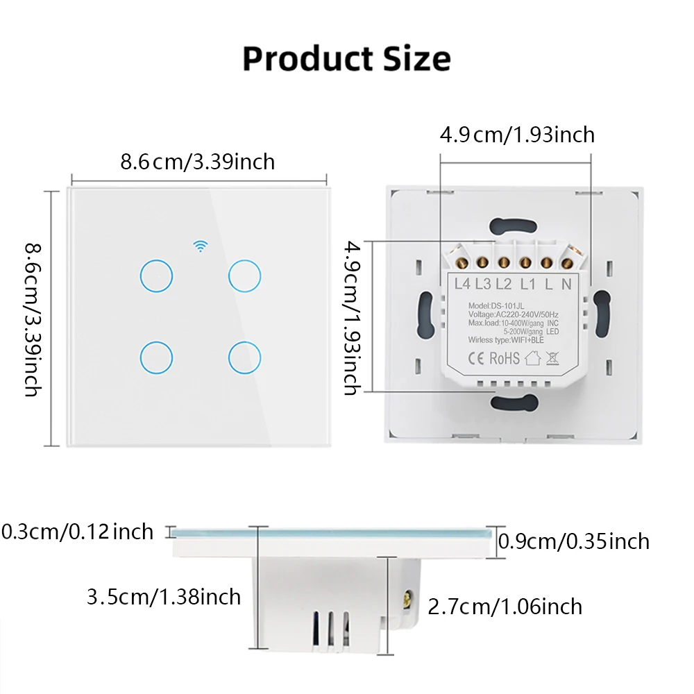 Smart Switch EU WiFi Smartlife Cavo neutro/Senza cavo neutro Interruttore della luce tattile 220V Funziona con Alexa Google Home 1/2/3/4 Gang