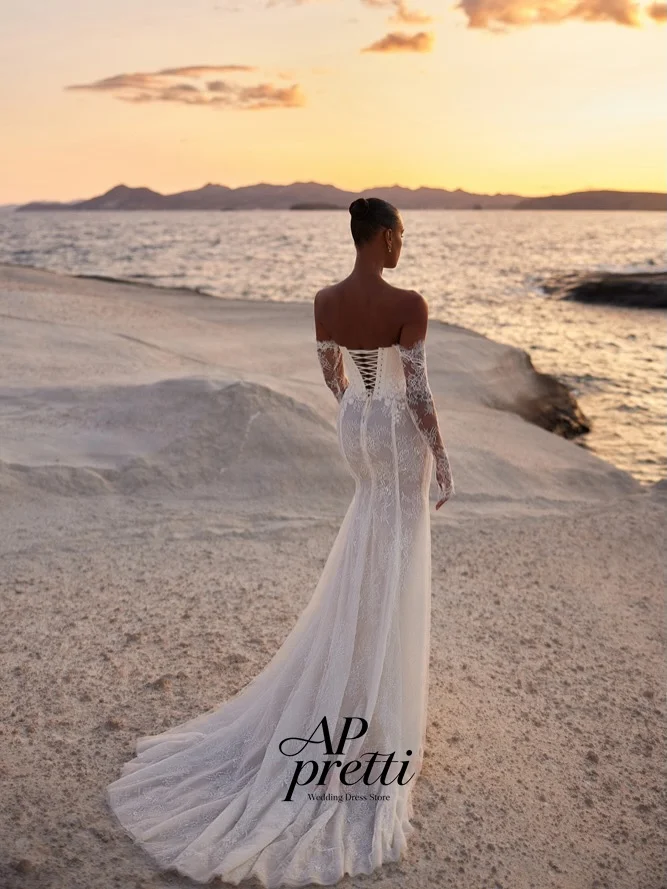AP Pretti Ivory Floral Lace Bridal Gown Strapless Sleeveless Customized Floor-Length Court Train seaside Wedding Dresses