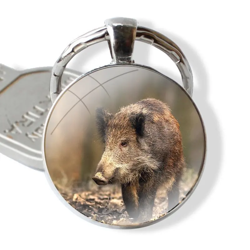 Animal wild boar Keychain Handmade Glass Cabochon Key Ring Holder Pendant Key Chains