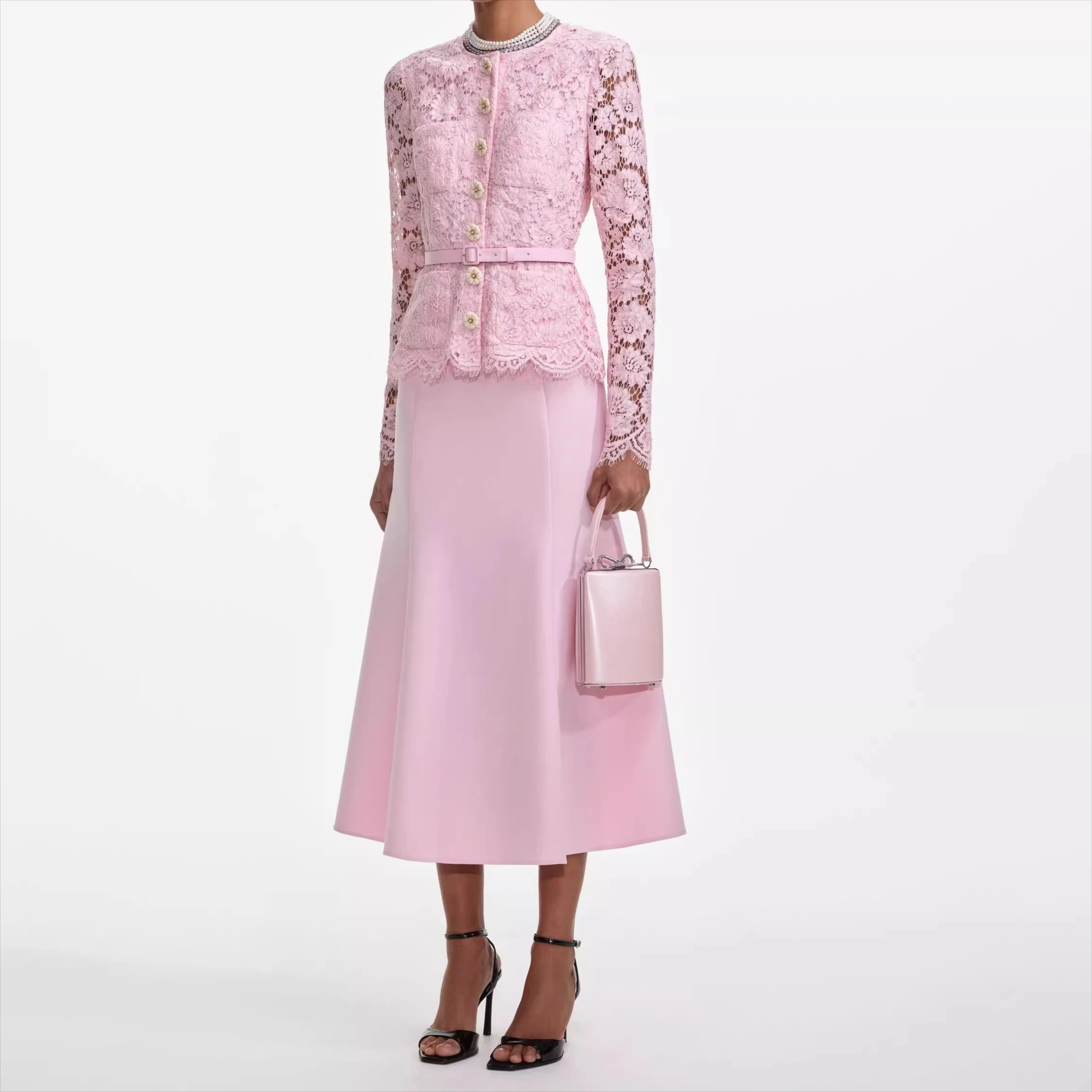 

Розовое кружевное платье с нашивками, женское элегантное платье с поясом и длинным рукавом, облегающее уличное платье, шикарная винтажная тканевая женская вечеринка