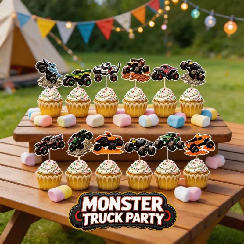 Adornos para Cupcakes con Temática de Monster Truck, Material de Papel, Decoración para Fiestas de Cumpleaños de Niños, Estilo Carreras, Decoración para Postres