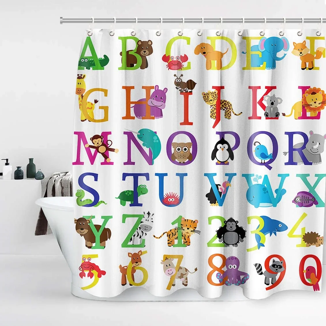 Alphabet Shower Curtain ABC Educational Learning Tool Large A To Z Washable Durable Polyester Fabric Bathroom Set Decor,Hooks