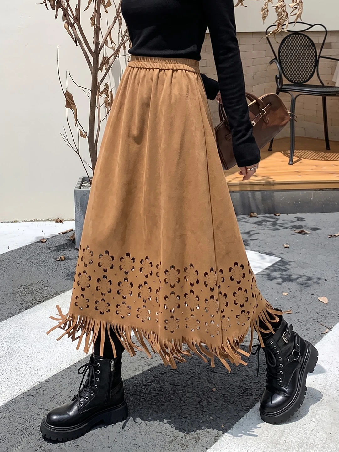 Retro Suede Long Skirt with Tassel Hollow out Design High Waist Straight Cut Commute Style Women's  Skirt Autumn 2026