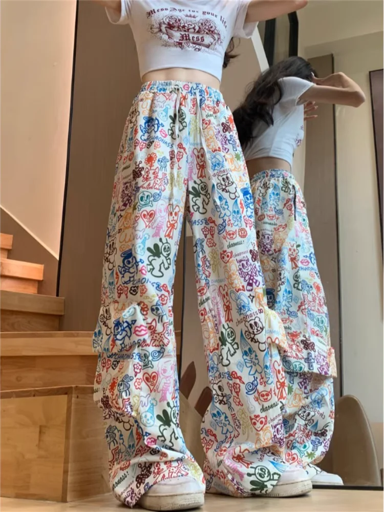 

Women's Graphic Print Cargo Pants Y2k 2000s Streetwear Vintage Loose High Waist Trousers Harajuku Wide Pants Aesthetic Clothes