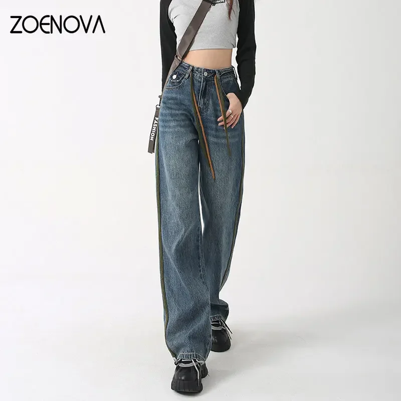 ZOENOVA Y2K 2023 Amerikaanse retro rechte buis wijde pijpen broek groene bindende zijstrip jeans volledige lengte chique streetwear broek