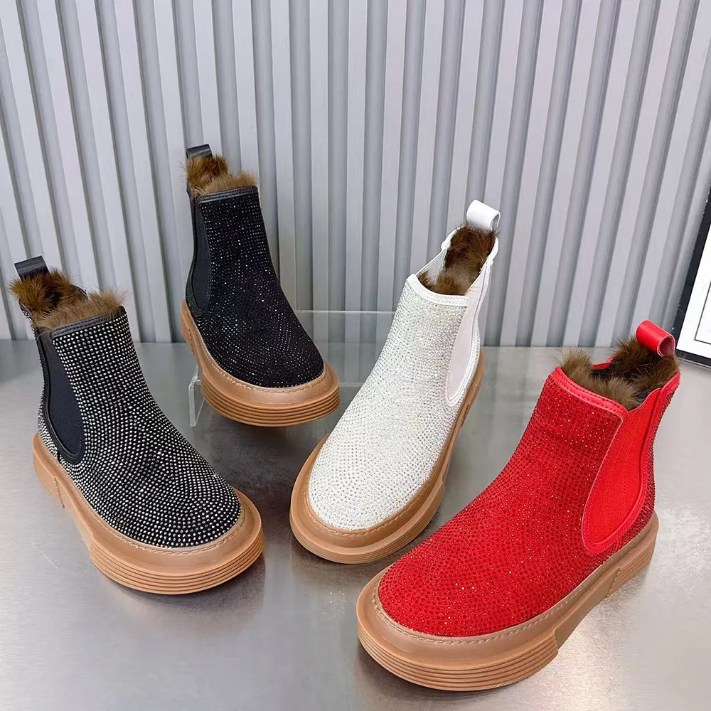 

Winter Women Boots Warm Fur Snow Boots Antislip Platform Casual Ankel Boots Plus Size Fashion Rhinestone Women Cotton Shoes