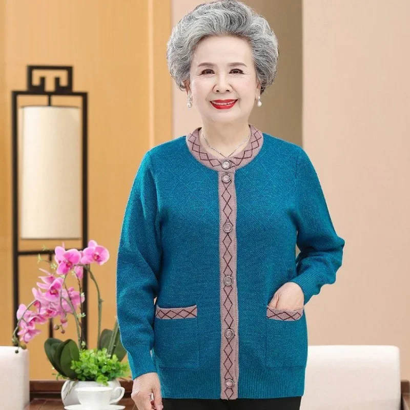 Elderly Women's Fleece-Lined Knitted Cardigan Winter Top Lightweight Warm Comfortable Senior Citizen's Clothing