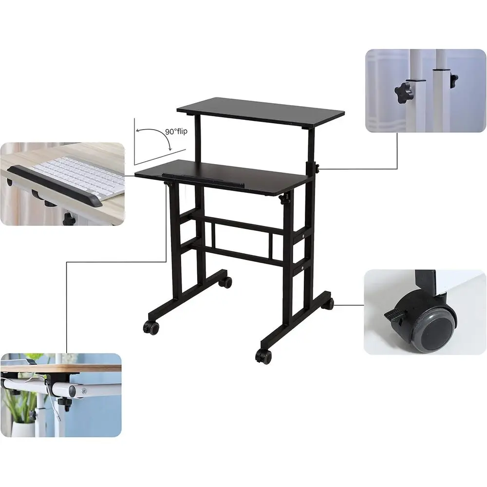 Adjustable 2-Mode Desk Stand with 2-Inch Carpet Wheels for Home Office, Black