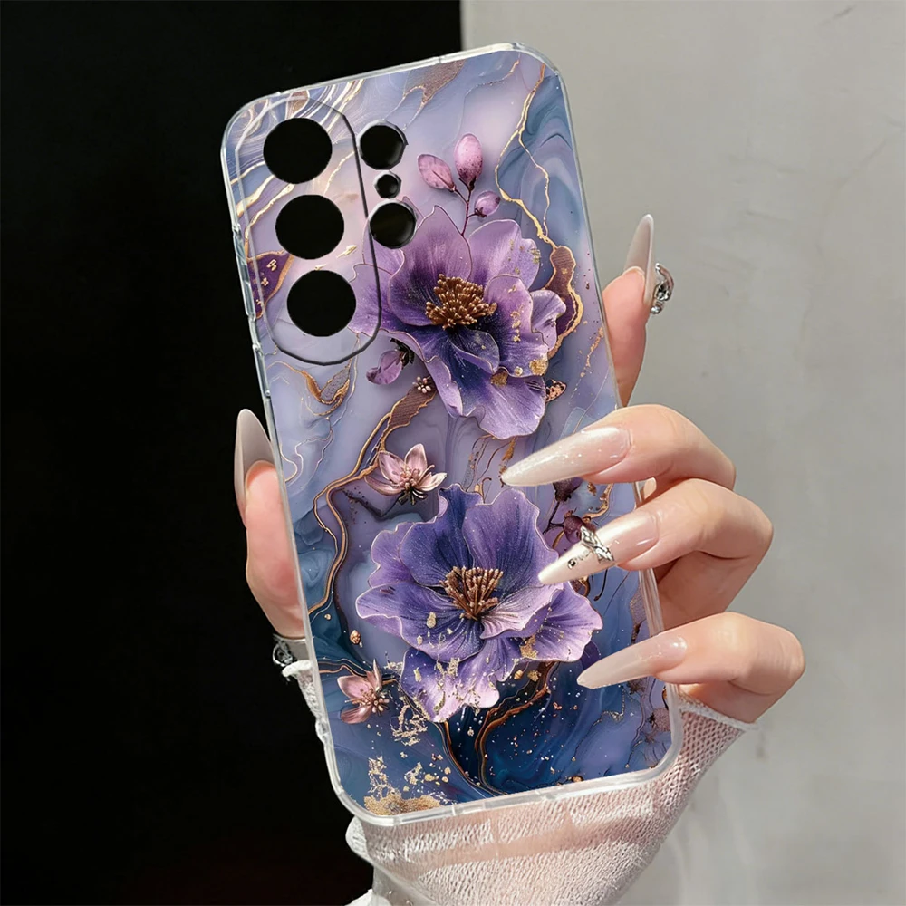 Artistic Marble Oil Painting Leopard Flower Rose Phone Case For Samsung Galaxy A54 A14 A13 A24 M14 M13 M53 M15 M35 Clear Cover