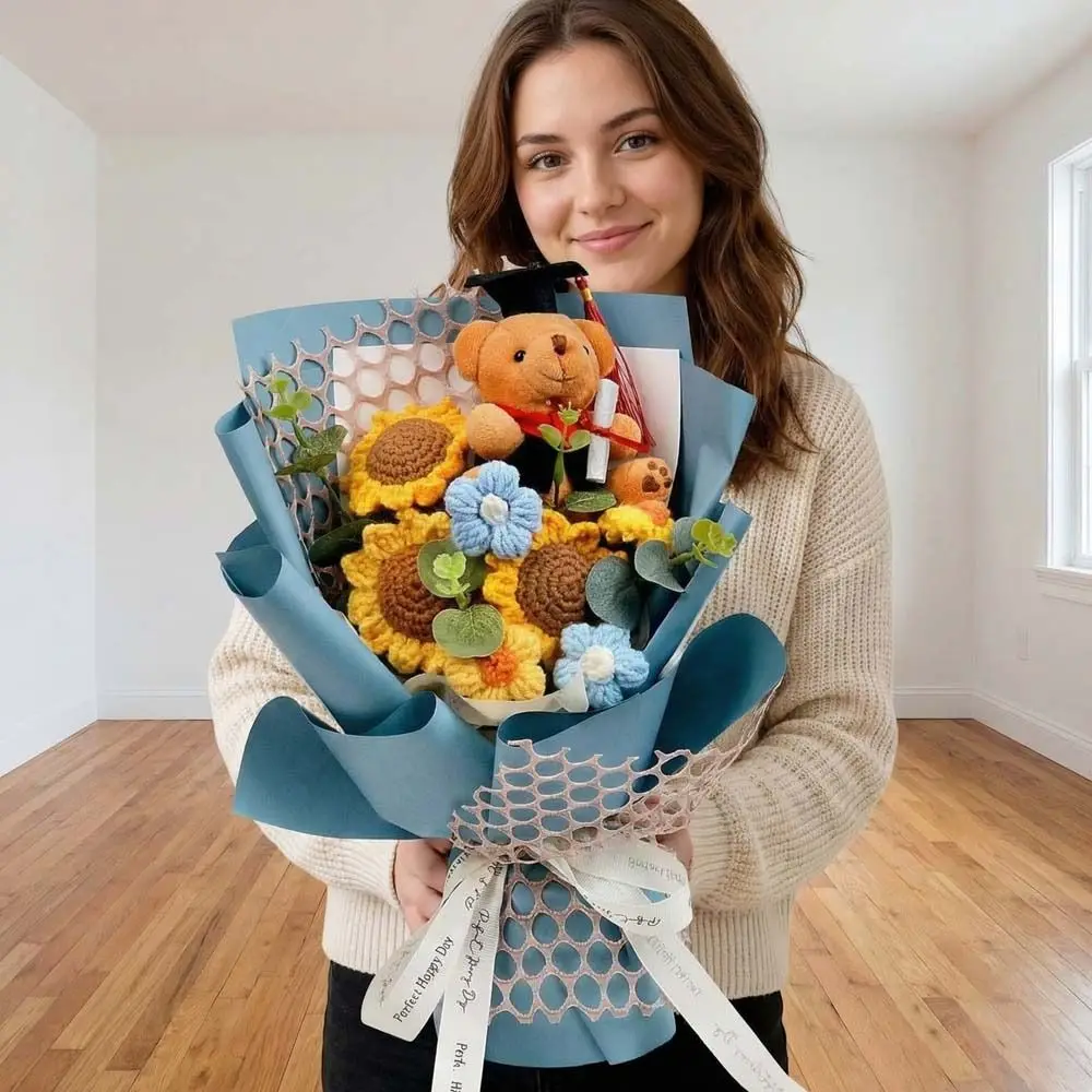 

Plush Animal Little Bear Doll Bouquet Handcrafted Stuffed Graduation Bear Plush Toy Cartoon Sunflower