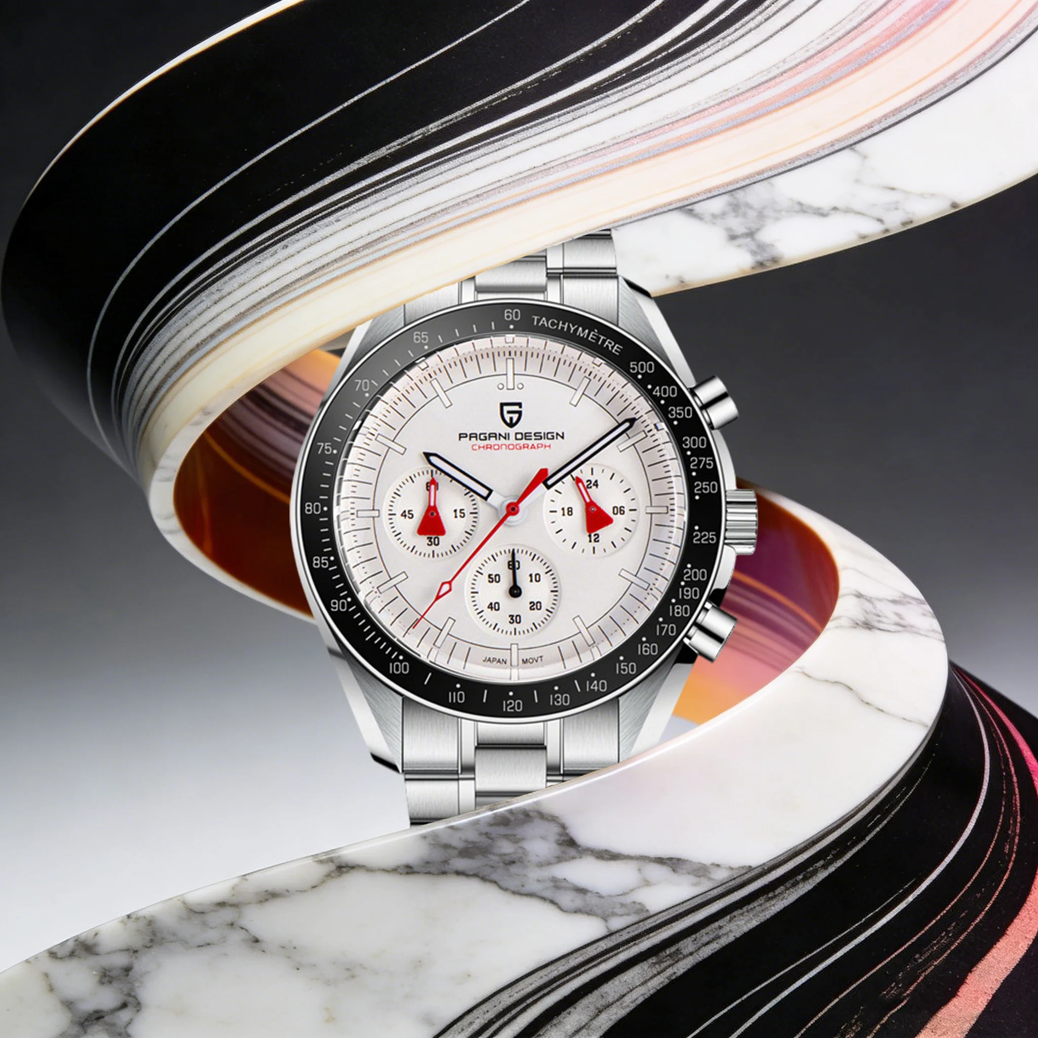 PAGANI DESIGN Sport Business Men's Quartz Watch Moon Panda Dial Tachymeter Stainless Sapphire Luminous Tri-Register Chronograph