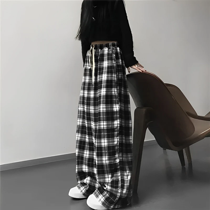 2024 Thin Women Korean Version of High-waisted Wide-leg Pants Casual Straight Hit Color Plaid Elastic Waist Dragging Pants