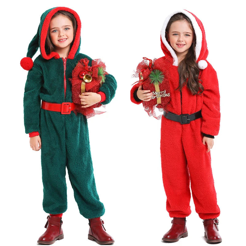 

Girls Christmas Party Costume Unisex Red Green Soft Fleece Santa Clause Jumpsuit Pajamas