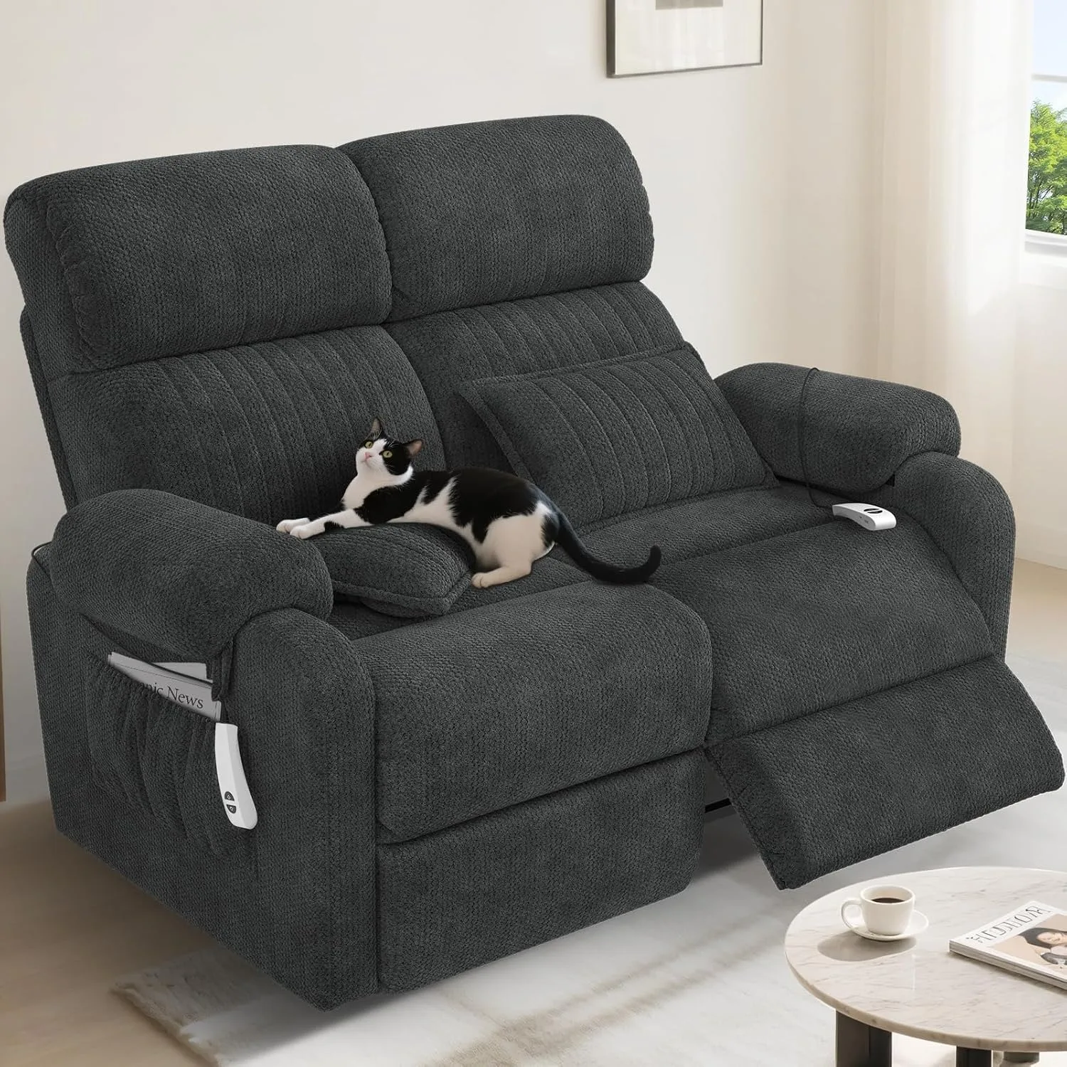 Power Loveseat Recliner Sofa, Gray Cloud-Like Velvet Zero Gravity Double Reclining RV Couch with USB & Type C Ports,