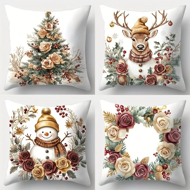 Modern Style Snowman and Reindeer Pattern Home Decor Pillowcase Bedroom Living Room Decor Polyester Cushion Cover