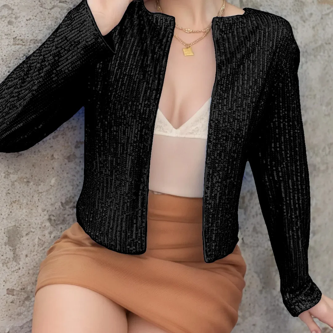 Y2K Clothes New Arrival Woman Sequin Cropped Jacket Long Sleeve Fashion Forward Sparkly Design for Party Glam