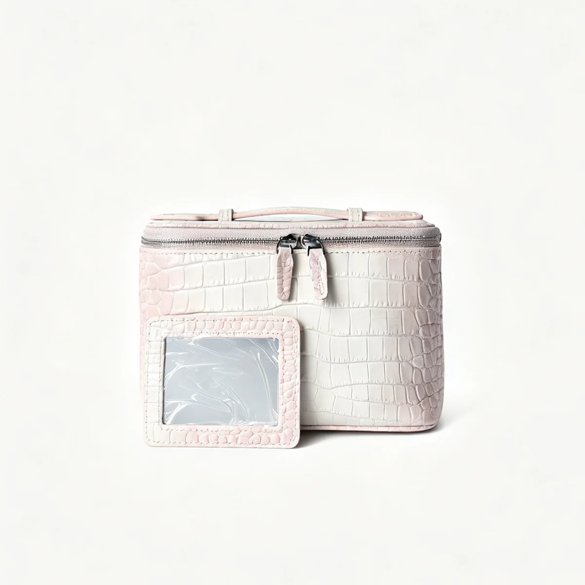 Große Kosmetiktasche aus echtem Leder für Damen, mit Krokodilprägung, als Make-up-Organizer und Reise-Toilettentasche mit integriertem Spiegel, Neu – Detail 9