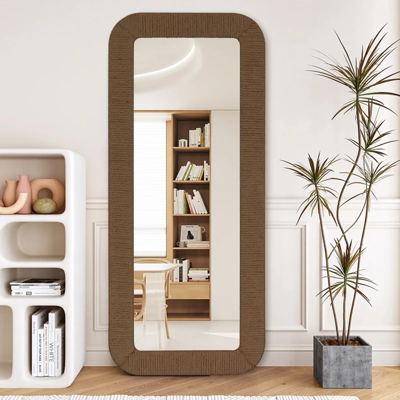 Round Jute Rope Frame Floor Mirror Natural Rope Finish Wall Mirror