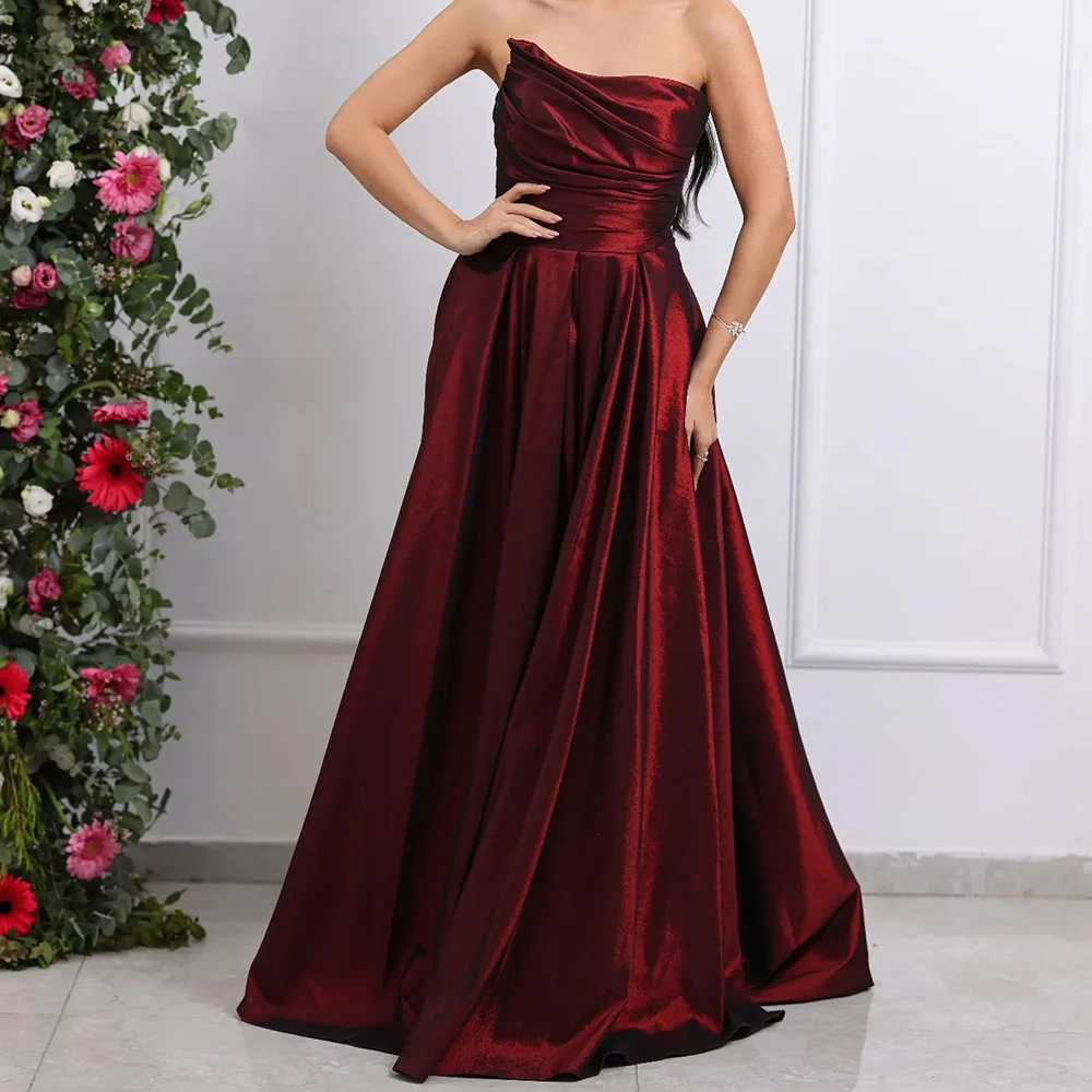 

Burgundy Satin Classic Strapless A-Line Evening Dress Floor Length Sweep Train Pleats Sleeveless Custom Size Vestido De Festa