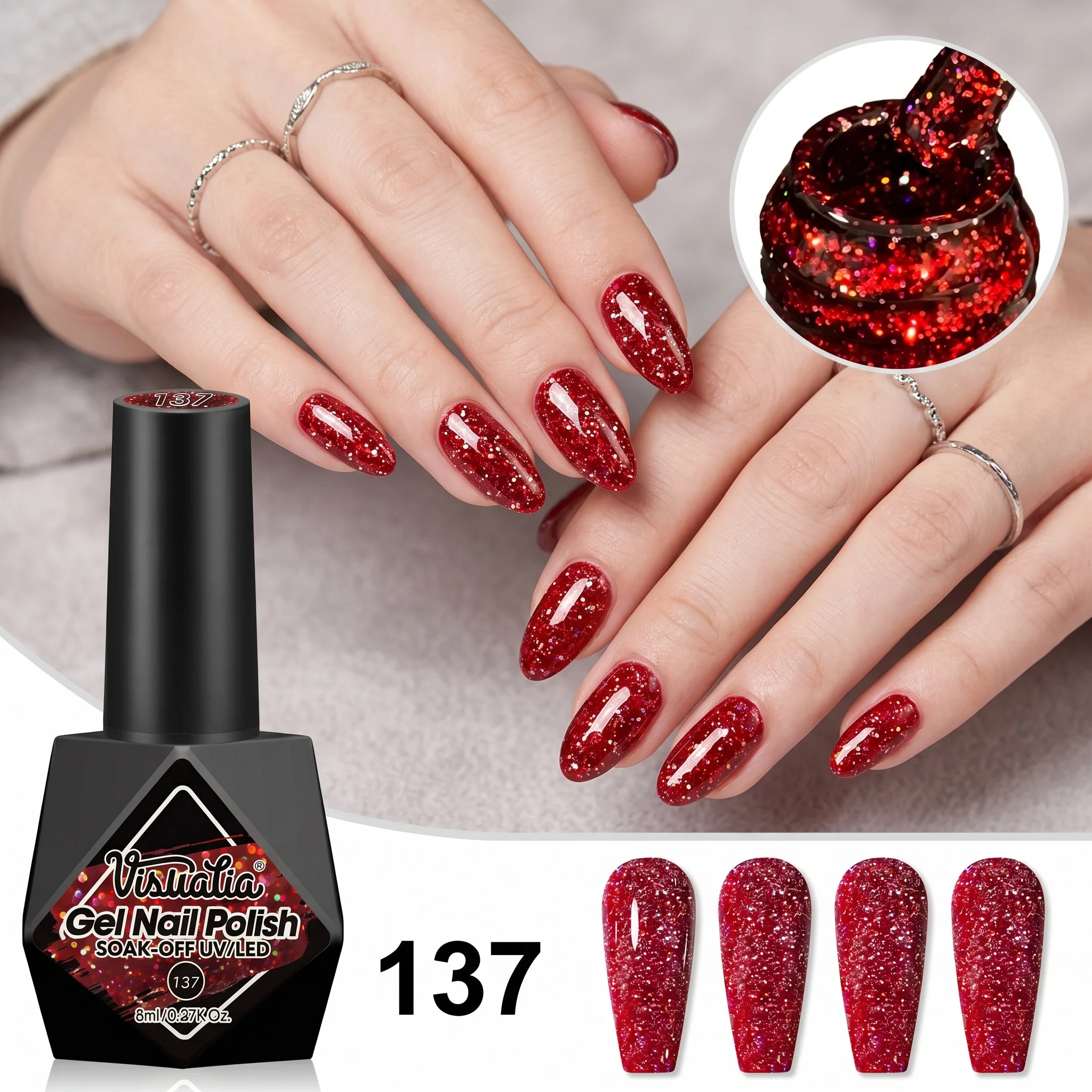 

1 piece Visuatia 8ml Glitter Reflective Gel Nail Polish, glittery gel with LED shimmer, removable gel polish, suitable for nail