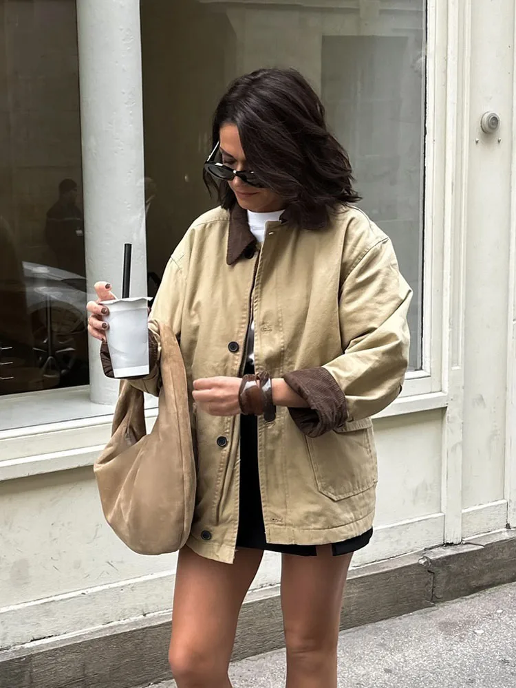 HH Female Street Single Breasted Canvas Loose Coat Autumn Woman Fashion Vintage Turndown Collar Long Sleeve Pocket Jacket