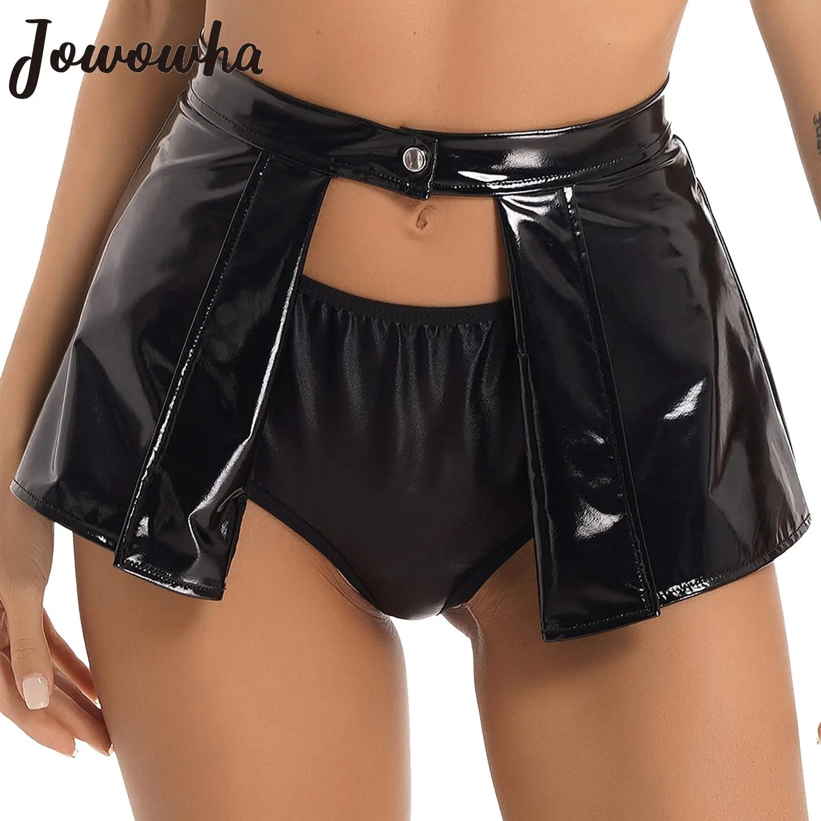 

Womens Glossy Latex Patent Leather Mini Skirt Wet Look Open Front One Button Skirts Rave Party Nightclub Pole Dancing Clubwear