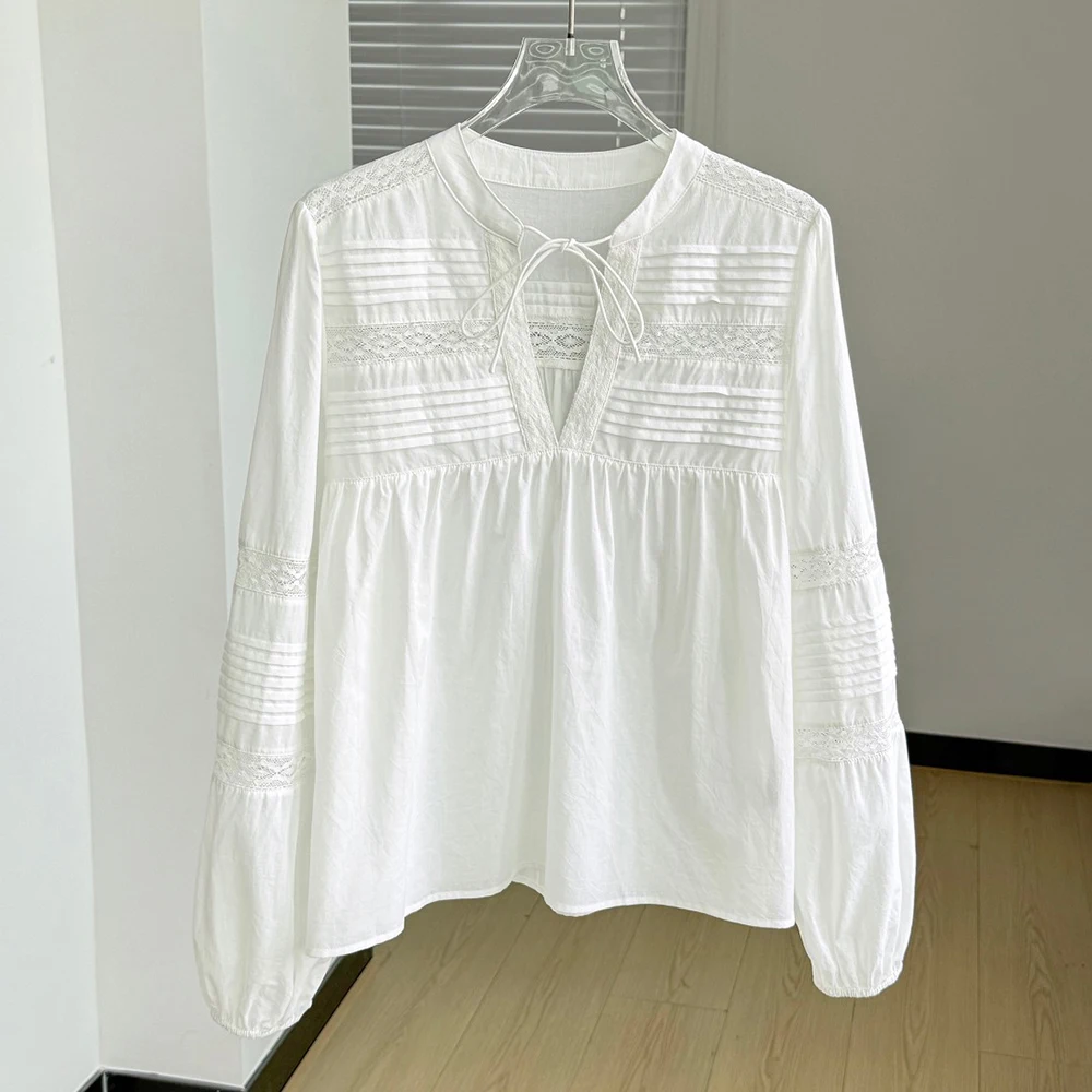 

2026 New White Lace Blouse Women 100% Cotton Long Sleeve V Neck Tie Shirt Casual Loose Hollow Out Embroidery Tops For Ladies
