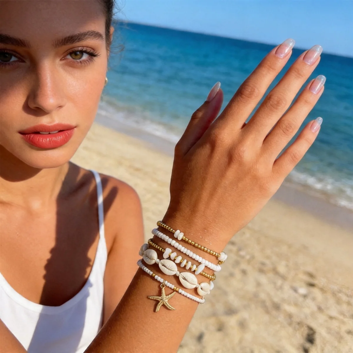 Mehrlagige Armbänder mit Seestern-Muschel- und Steinperlen für Damen und Herren, schicke Seestern-Sommer-Strand-Armreifen, stapelbarer Schmuck. – Detail 9